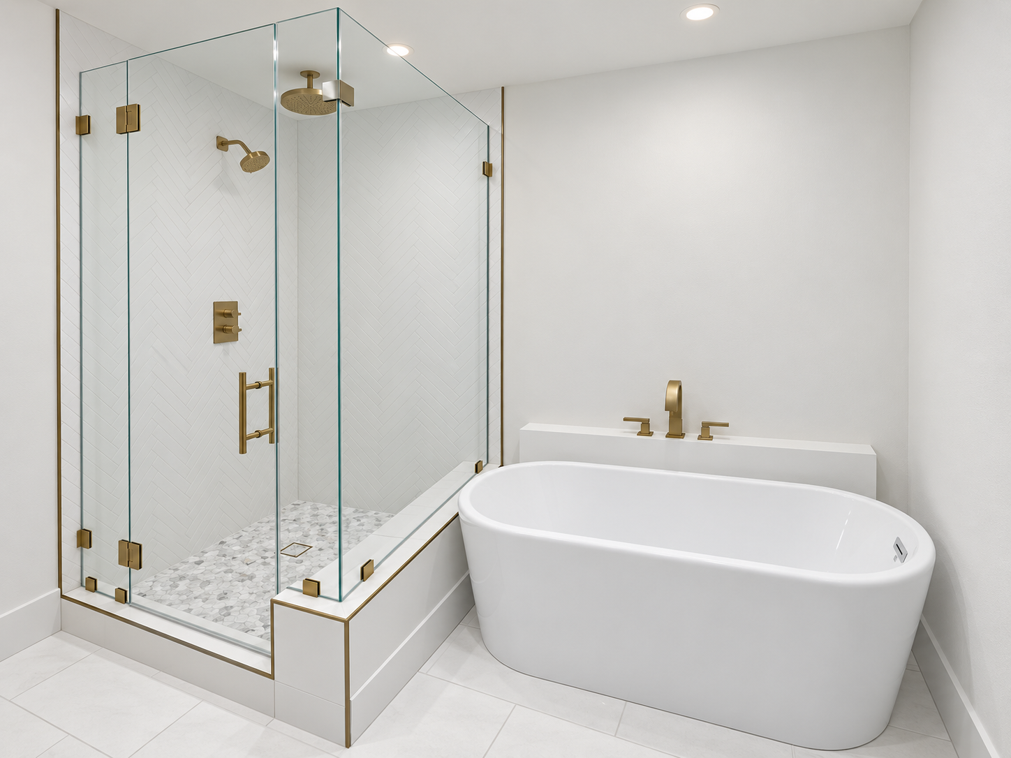 White and Brass Bathroom completed by TS Construction